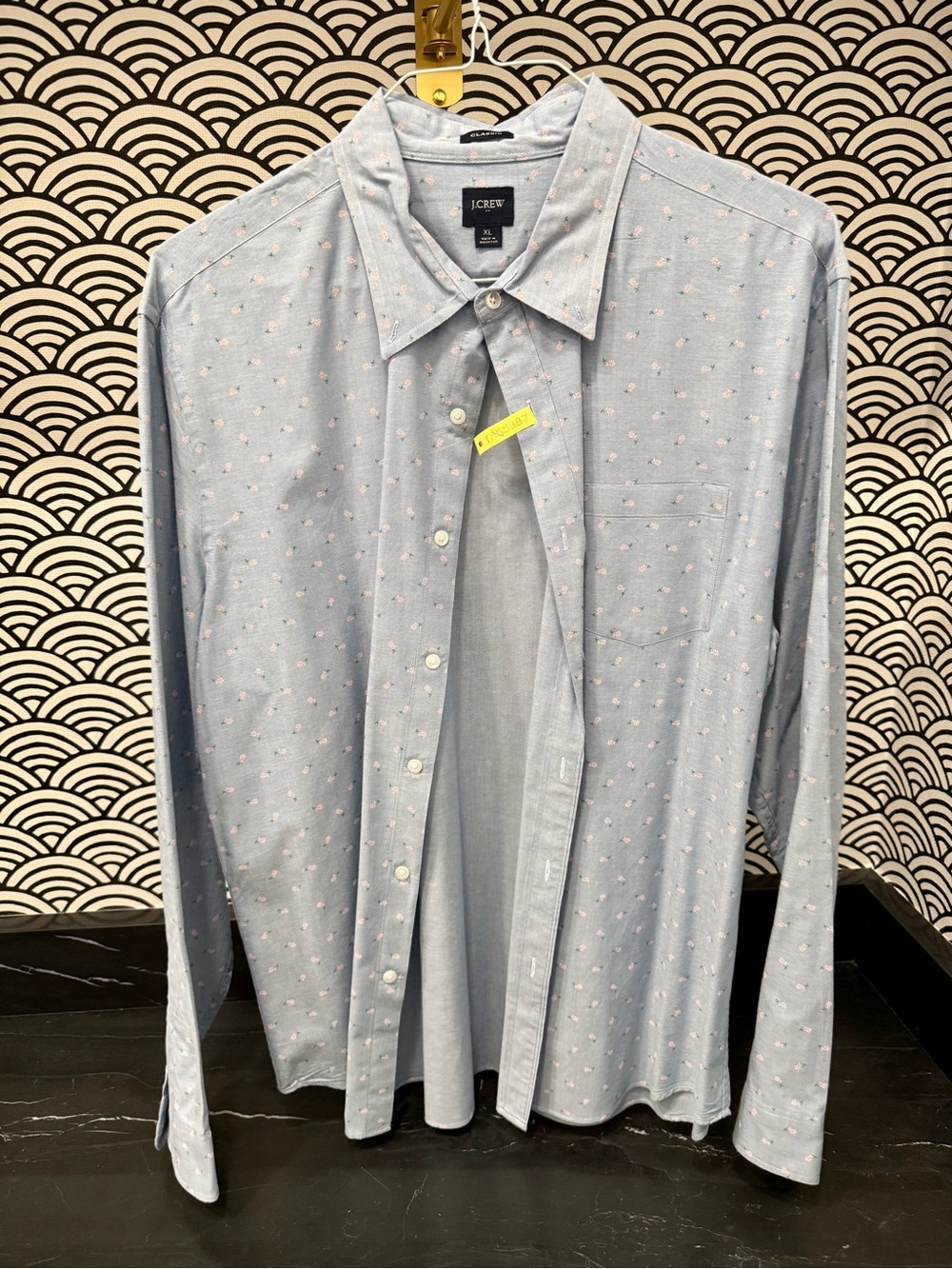 J. Crew Men's Light Blue Button-Down Shirt with Small Pink Flowers